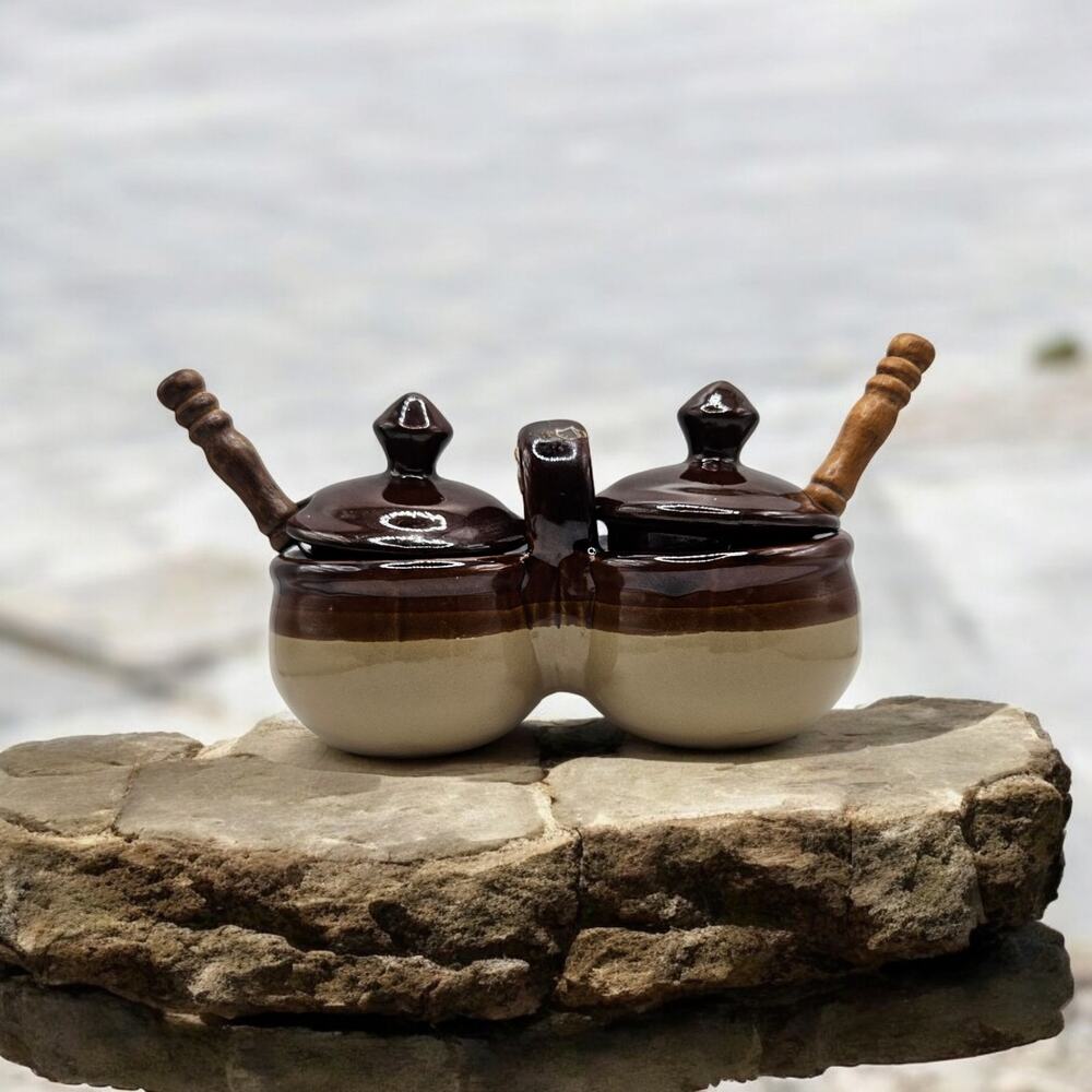Vintage Double Condiment Jar Set Ceramic Brown Drip Glaze w Lids Spoons